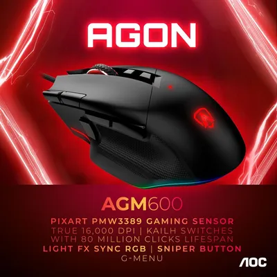 AOC AGON AGM600 Ratón Óptico Mano Derecha USB-A 16000 DPI
