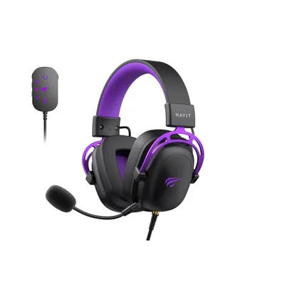 Auriculares Havit H2002C+U con cable Jack 3,5 mm para gaming y micrófono extraíble, negro/violeta