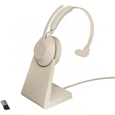 Auriculares Jabra Evolve2 65 inalámbricos Bluetooth con Cancelación de Ruido pasiva y micrófono, uso oficina, base de carga, color beige