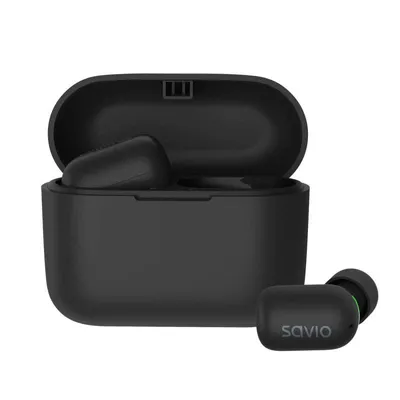 Auriculares Savio TWS-09 inalámbricos Bluetooth para llamadas y música con micrófono HD, control táctil y resistencia IPX5 negros