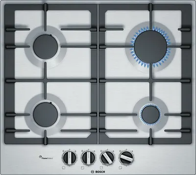 Bosch Serie 6 PCP6A5B90 hobs Negro, Acero inoxidable Integrado 60 cm Encimera de gas 4 zona(s)