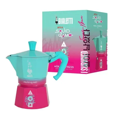 Cafetera Italiana Bialetti Squid Game Moka Express 3 tazas Aluminio Azul Rosa