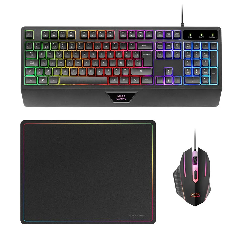 Mars Gaming MCP124 Combo Gaming 3en1 Teclado H-Mech RGB Ratón 3200DPI Switches HUANO Alfombrilla Nanotextil 360x260mm