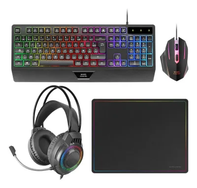 Mars Gaming MCP124PRO, Combo Gaming 4en1, Teclado RGB H-Mech con Reposamuñecas, Ratón RGB 3200DPI y Switches HUANO, Auriculares FRGB, Alfombrilla Nanotextil 36x26cm, Multiplataforma, Español, Negro