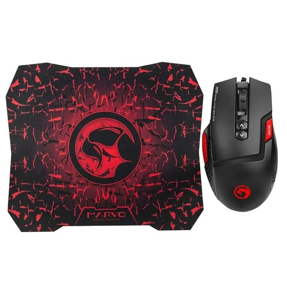Scorpion M355+G1 Pack Ratón gaming RGB 6400 DPI Alfombrilla Negra Roja