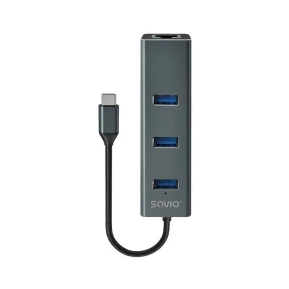 Savio SAVAK-57 Hub USB-C Aluminio 3x USB 3.1 1x RJ45 5Gbps Negro Gris