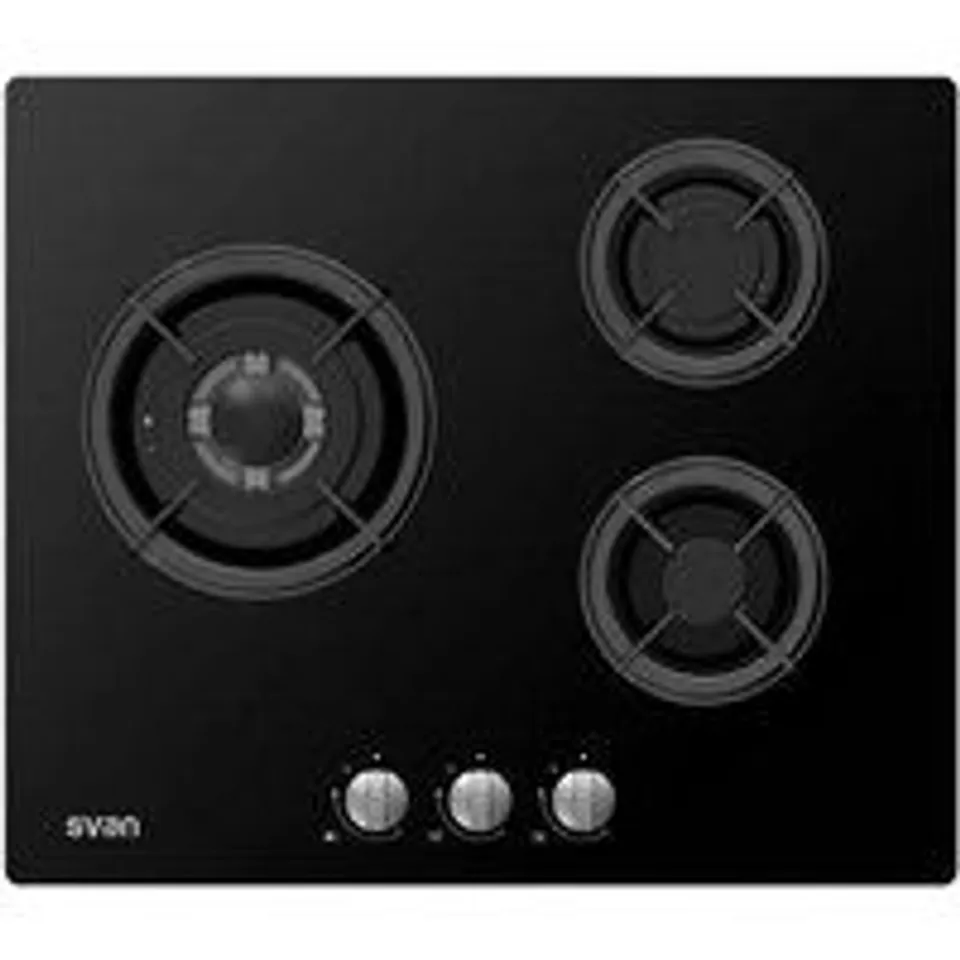 Svan SGW3601N Placa de Gas Butano 3 Zonas Quemador Wok 60cm Cristal Negro