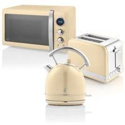 Swan Retro STRP2070CNEU Set Desayuno Hervidor Agua + Tostadora + Microondas 800W Crema